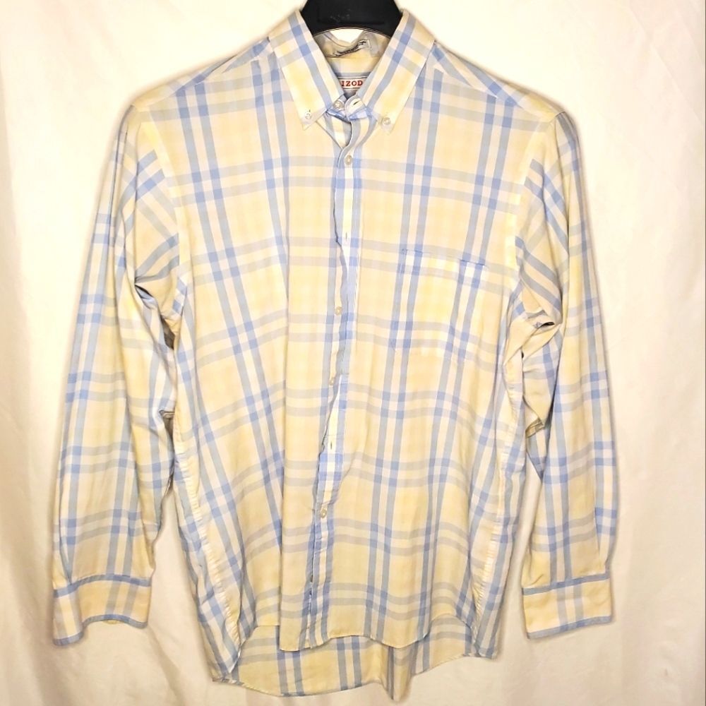 Izod Mens Long Sleeve Dress Shirt Button Down Collar Plaid Yellow & Blue Size 16